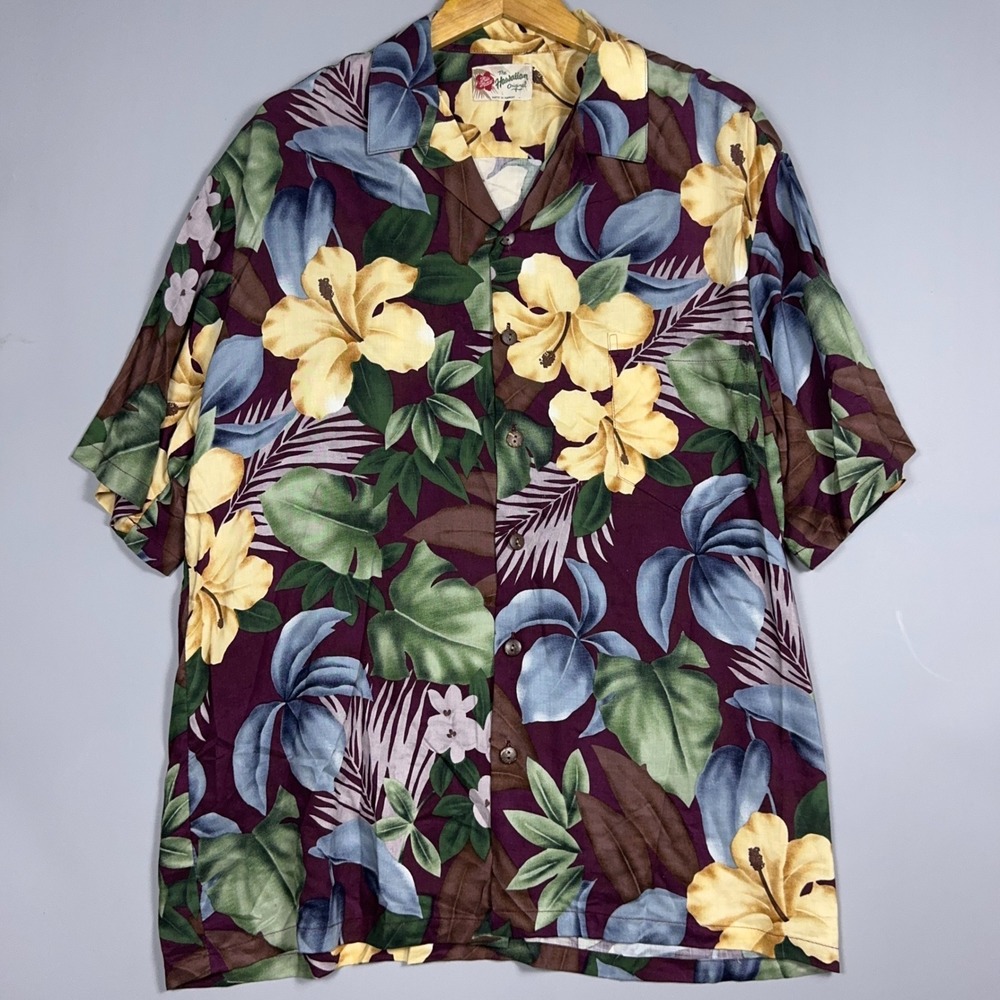 Vintage Hilo Hattie Hawaiian Rayon Shirt Mens Large Floral Hibiscus Aloha Maroon
